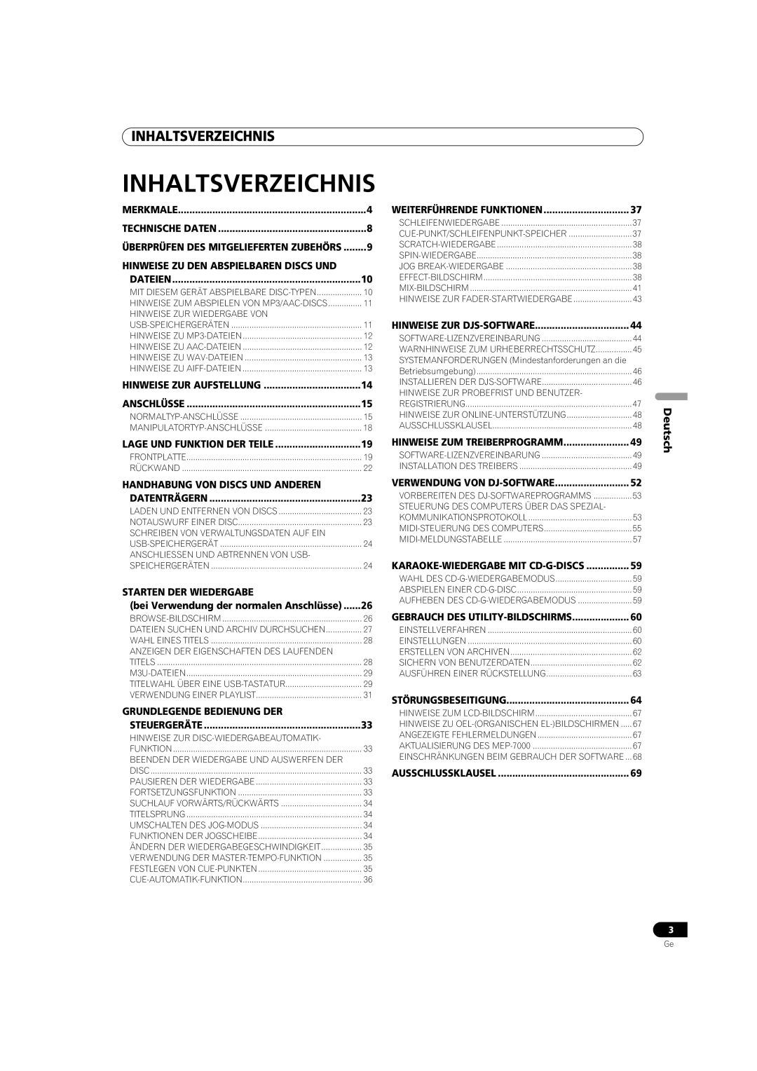 Pioneer MEP-7000 operating instructions Inhaltsverzeichnis, Deutsch 