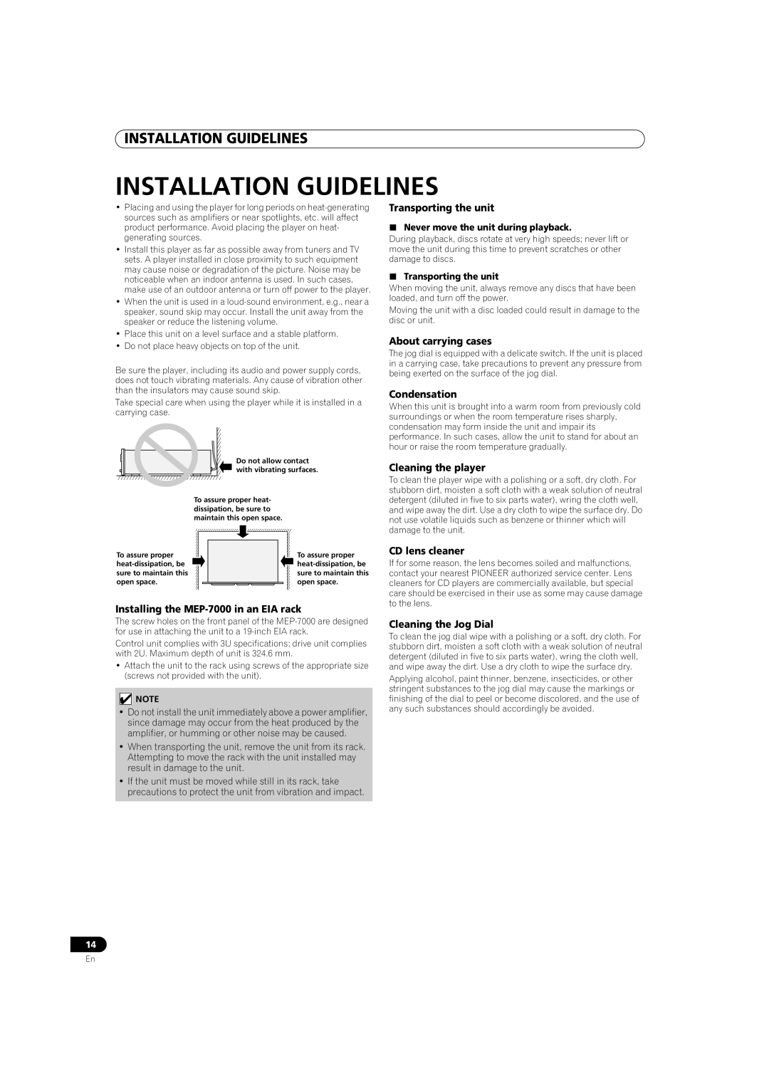 Pioneer MEP-7000 Installation Guidelines, Never move the unit during playback, Transporting the unit 