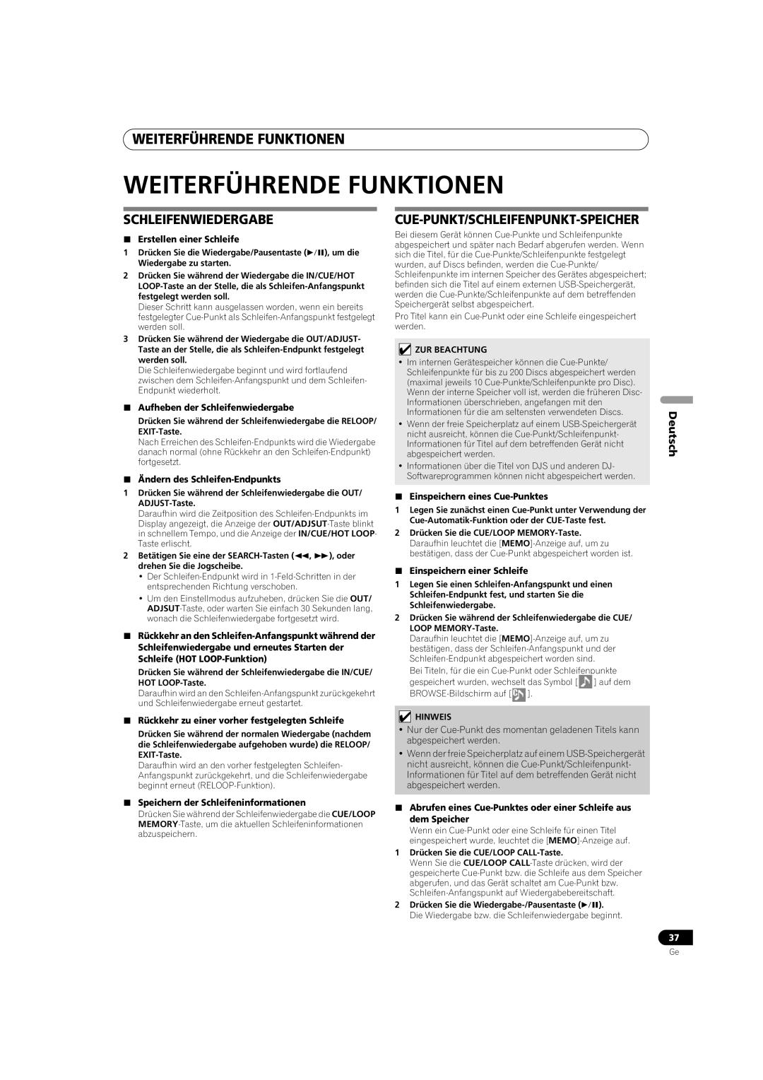 Pioneer MEP-7000 Weiterführende Funktionen, Schleifenwiedergabe, Cue-Punkt/Schleifenpunkt-Speicher, Deutsch 