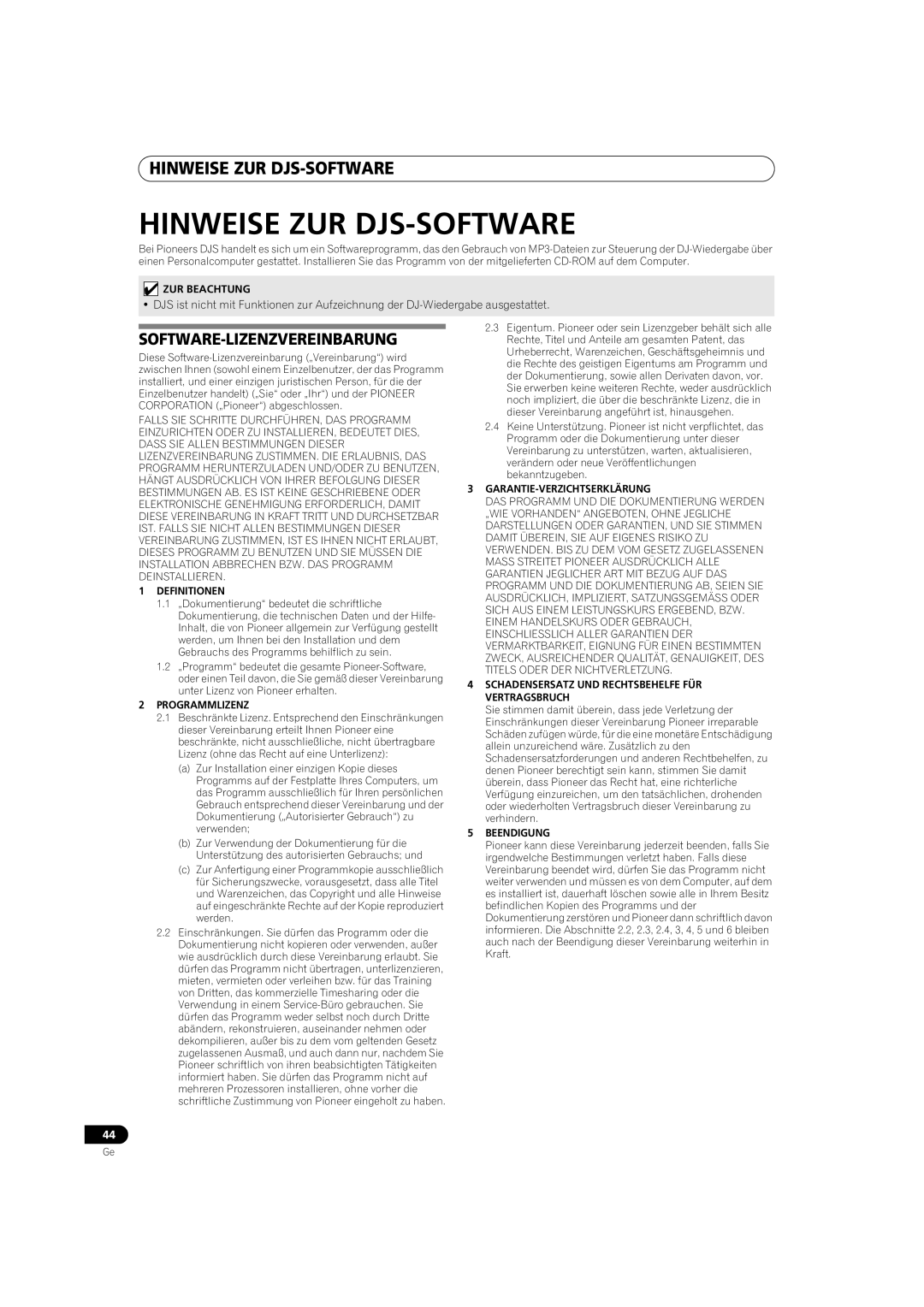 Pioneer MEP-7000 operating instructions Hinweise Zur Djs-Software, Software-Lizenzvereinbarung 