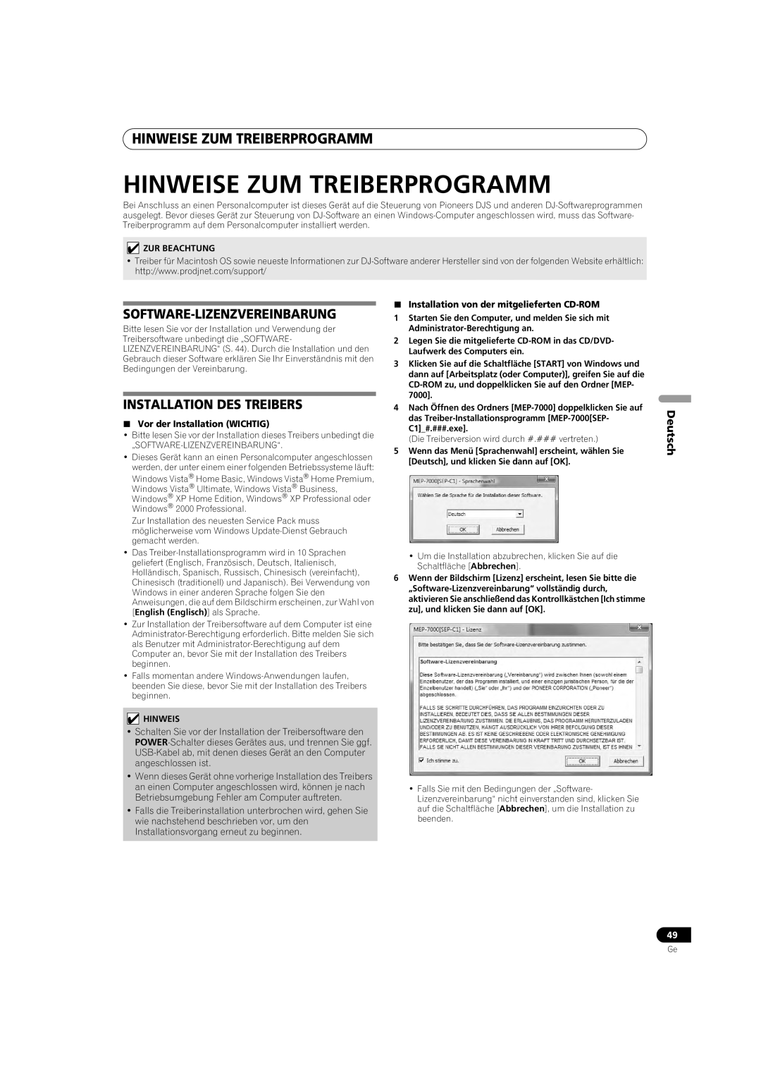 Pioneer MEP-7000 Hinweise Zum Treiberprogramm, Installation Des Treibers, Software-Lizenzvereinbarung, Deutsch 