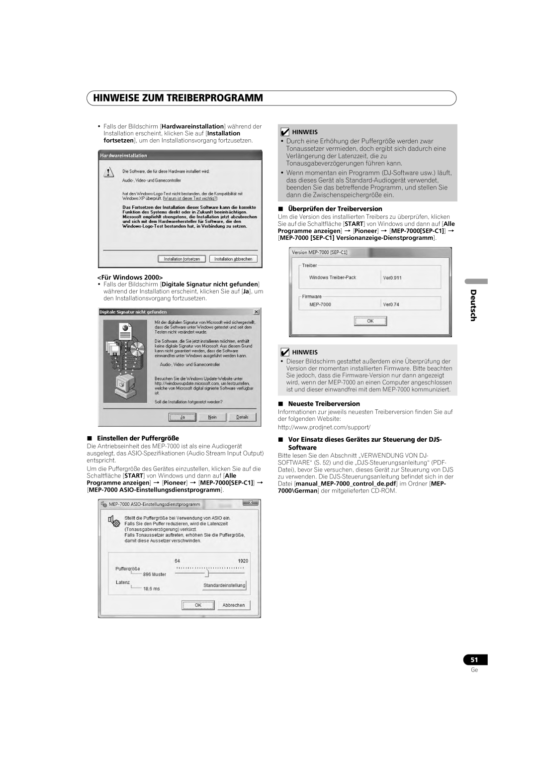 Pioneer MEP-7000 Hinweise Zum Treiberprogramm, Deutsch, <Für Windows 2000>, Einstellen der Puffergröße, Software 
