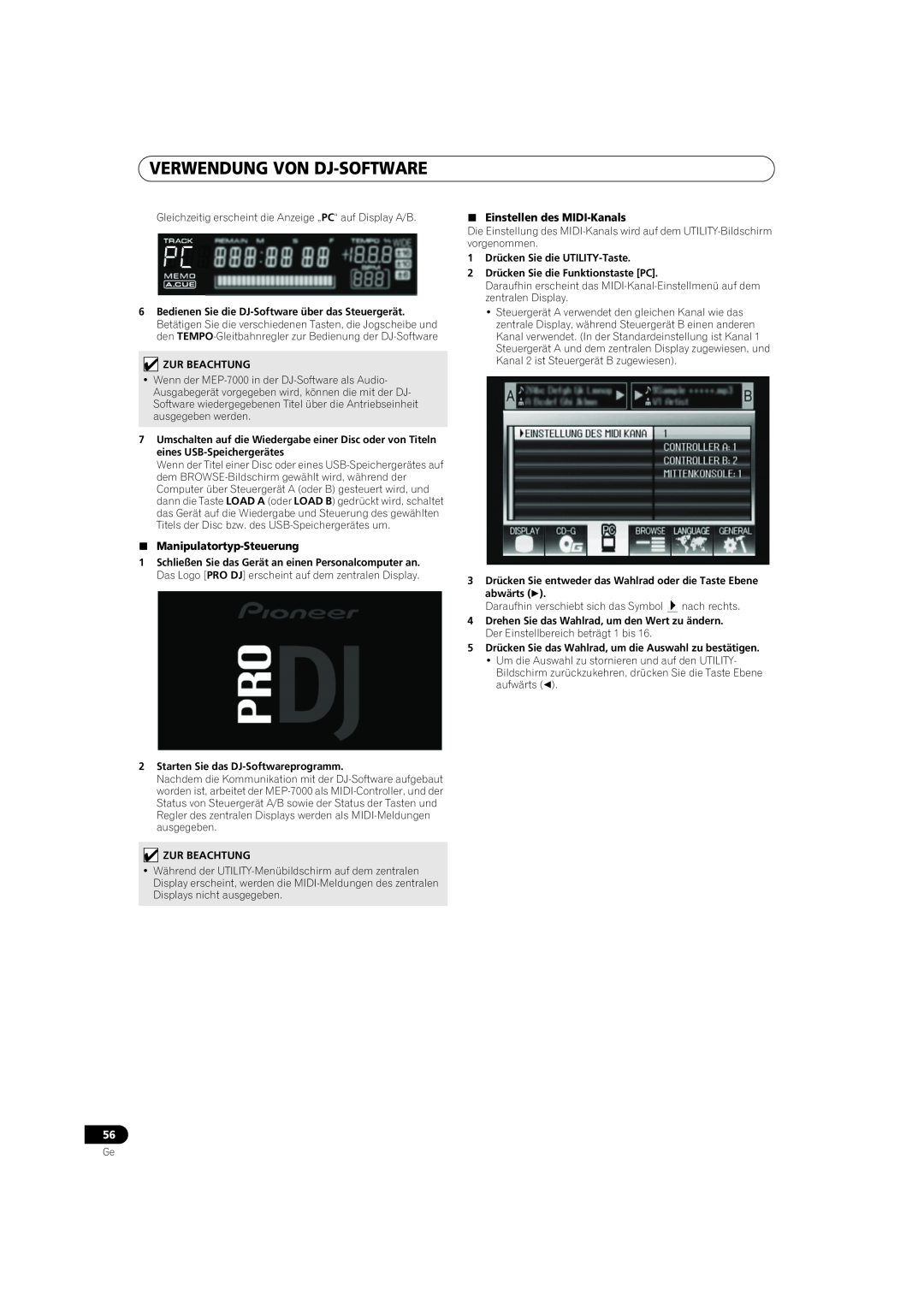 Pioneer MEP-7000 operating instructions Verwendung Von Dj-Software, Manipulatortyp-Steuerung, Einstellen des MIDI-Kanals 