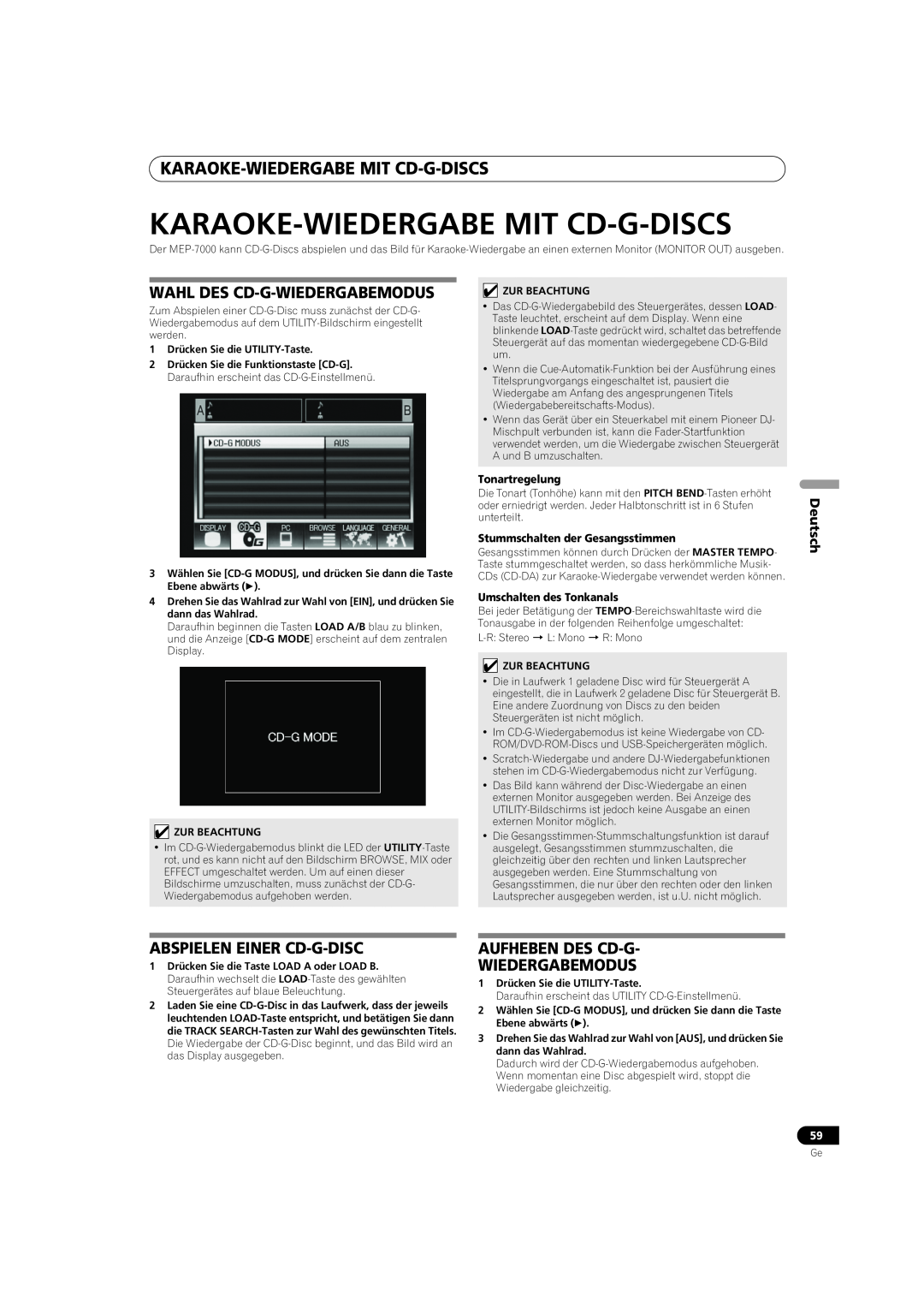 Pioneer MEP-7000 Karaoke-Wiedergabemit Cd-G-Discs, Wahl Des Cd-G-Wiedergabemodus, Abspielen Einer Cd-G-Disc, Deutsch 