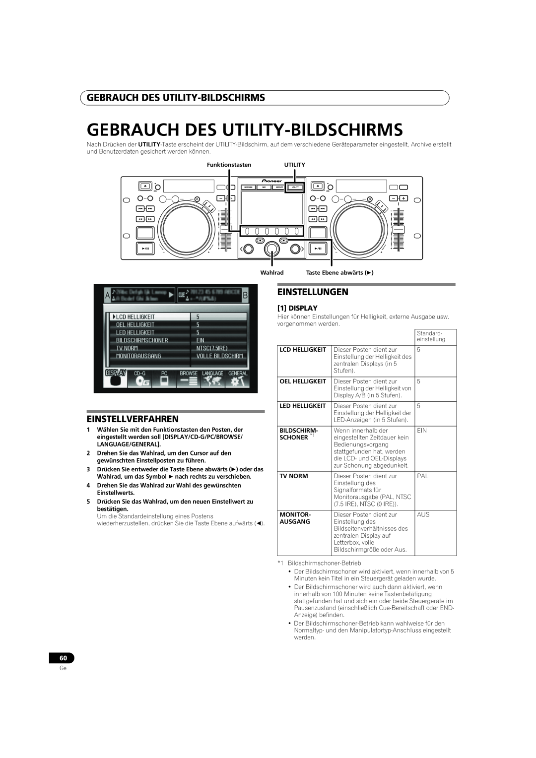 Pioneer MEP-7000 operating instructions Gebrauch Des Utility-Bildschirms, Einstellverfahren, Einstellungen 
