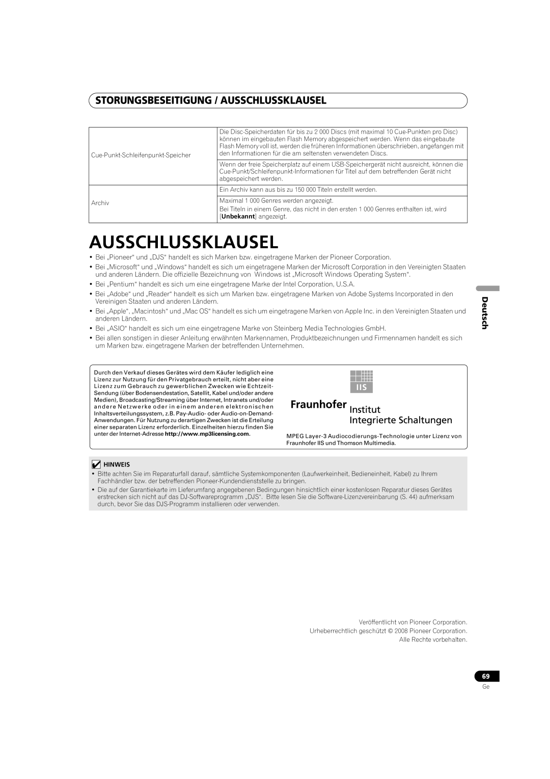 Pioneer MEP-7000 operating instructions Storungsbeseitigung / Ausschlussklausel, Deutsch 