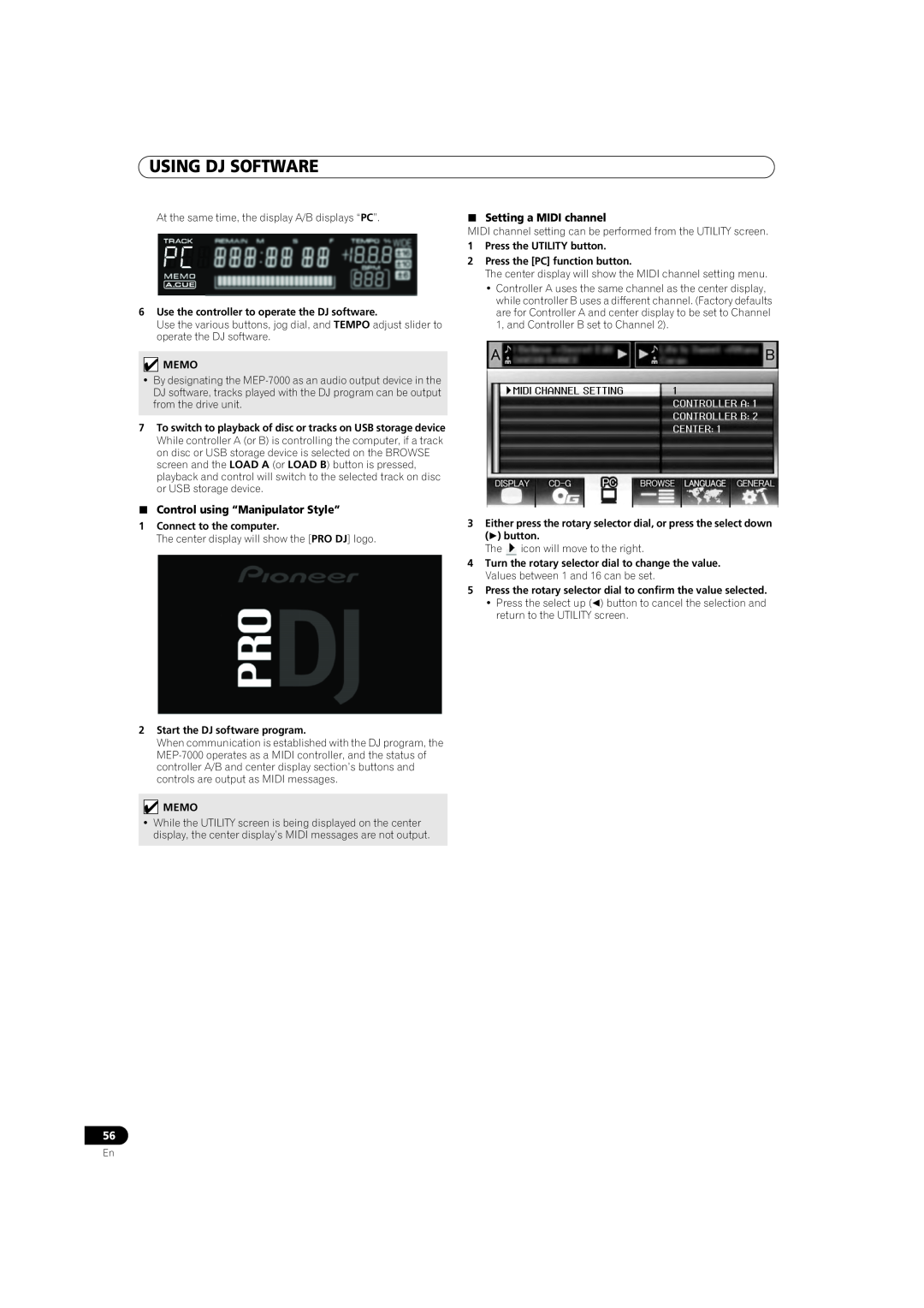 Pioneer MEP-7000 operating instructions Using Dj Software, Control using “Manipulator Style”, Setting a MIDI channel 