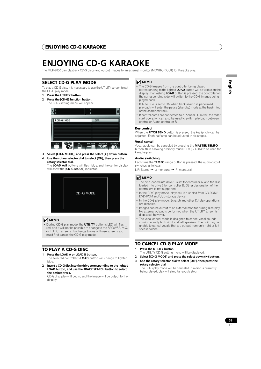 Pioneer MEP-7000 Enjoying Cd-Gkaraoke, Select Cd-Gplay Mode, To Play A Cd-Gdisc, To Cancel Cd-Gplay Mode, English 