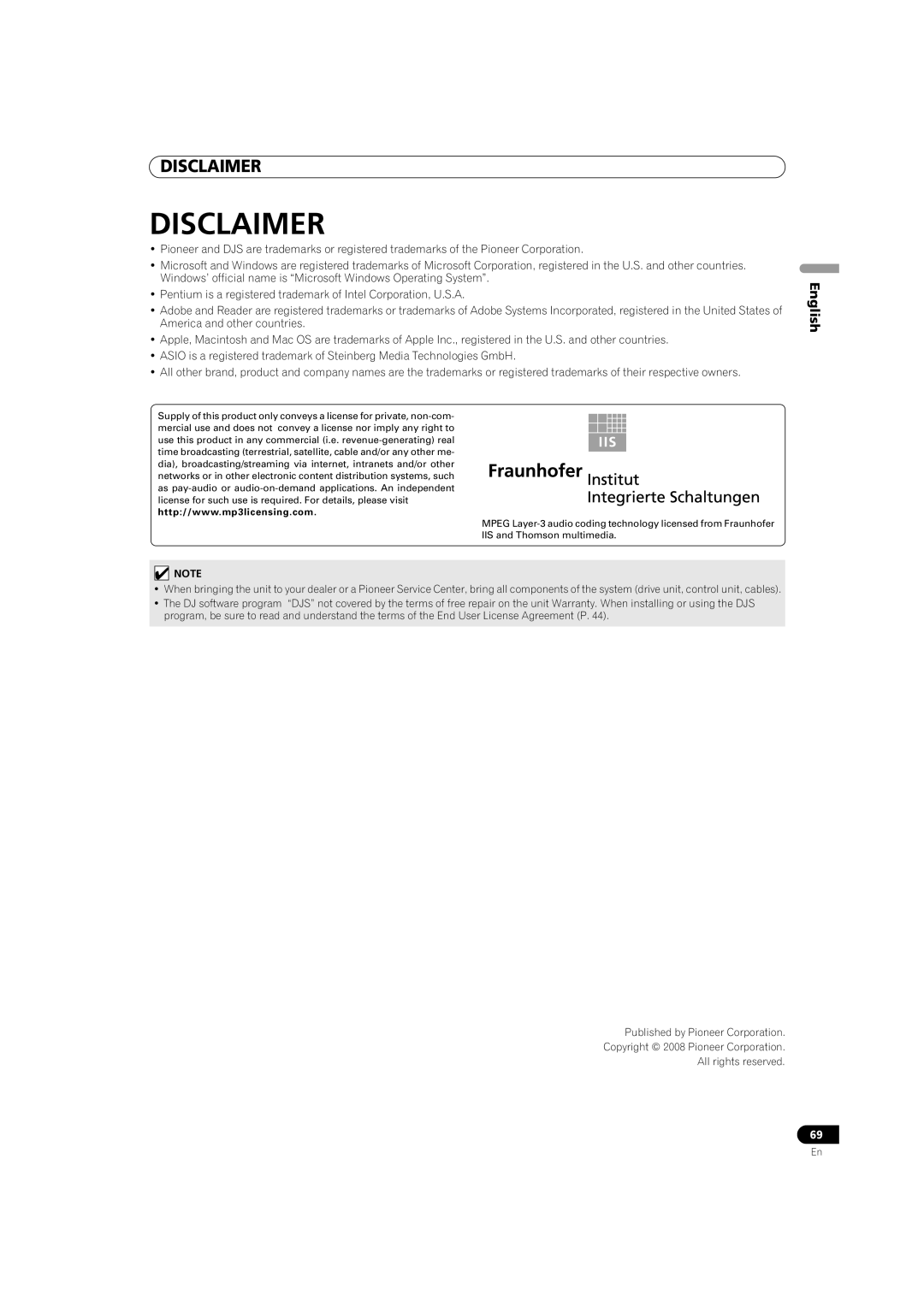 Pioneer MEP-7000 operating instructions Disclaimer, English 