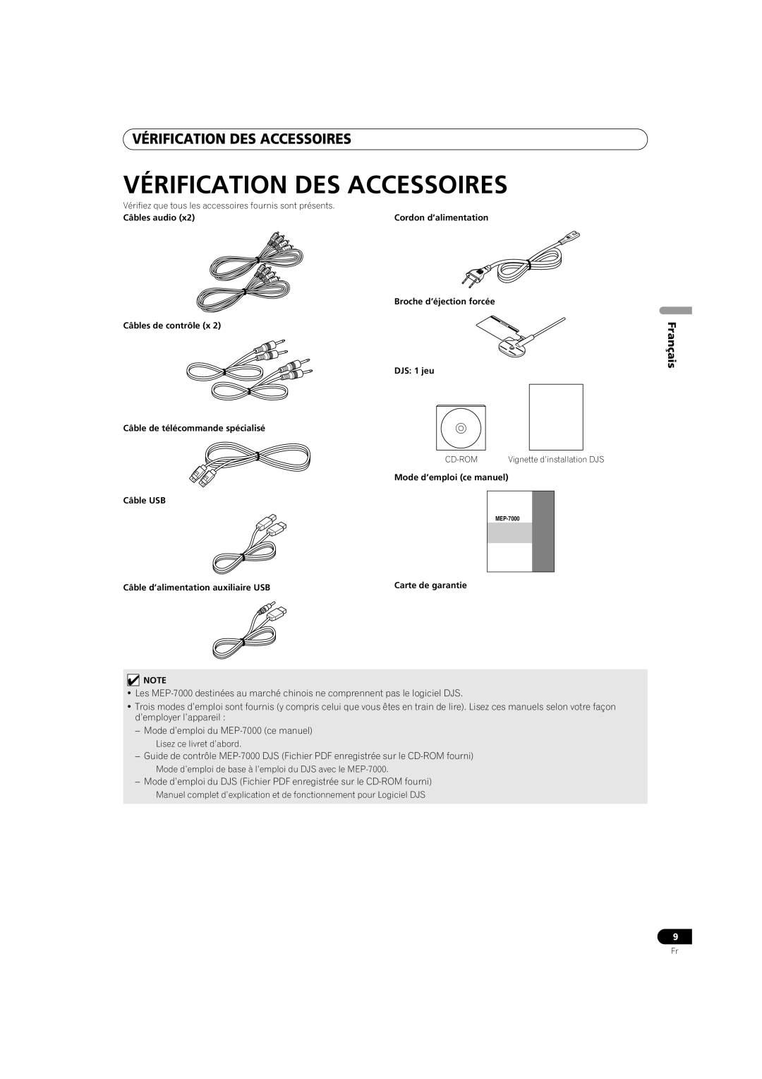Pioneer MEP-7000 operating instructions Vérification Des Accessoires, Français 