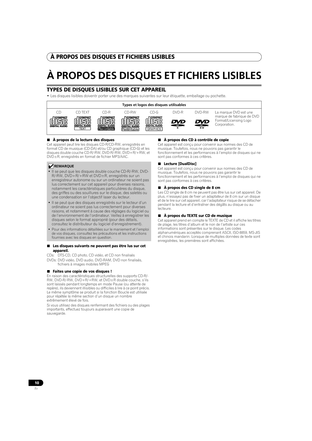 Pioneer MEP-7000 Àpropos Des Disques Et Fichiers Lisibles, Types De Disques Lisibles Sur Cet Appareil, appareil 