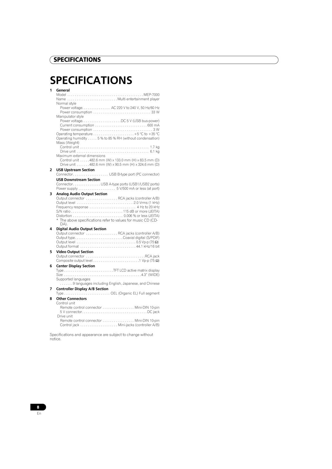 Pioneer MEP-7000 operating instructions Specifications 