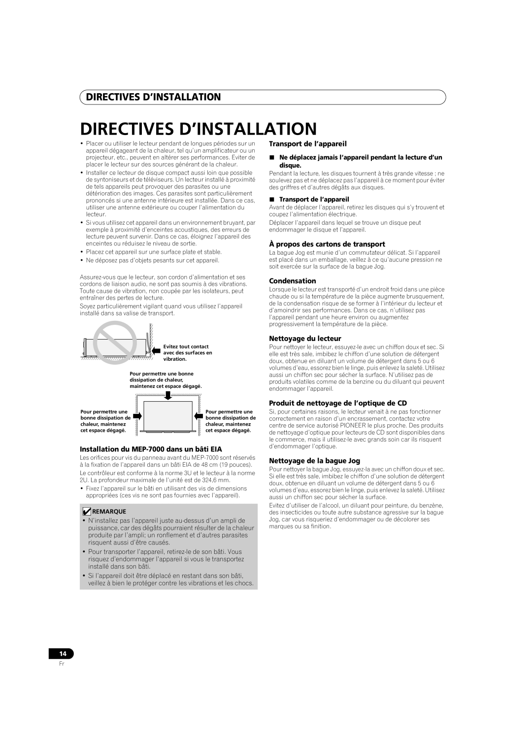 Pioneer MEP-7000 operating instructions Directives D’Installation, disque, Transport de l’appareil 