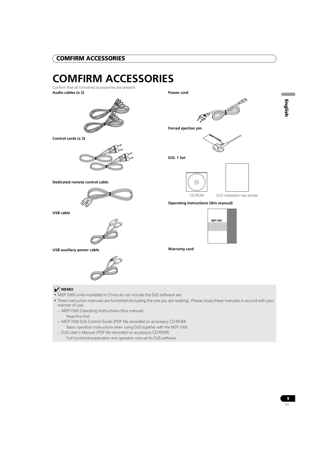 Pioneer MEP-7000 operating instructions Comfirm Accessories, English 
