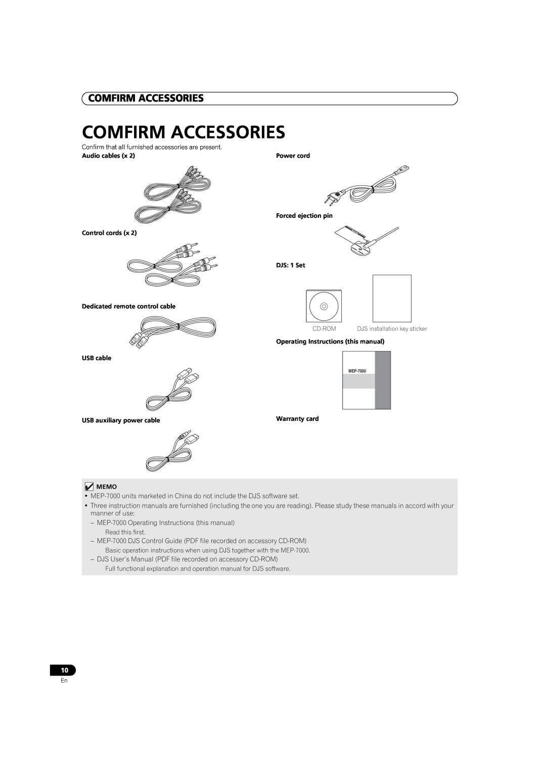Pioneer MEP-7000 operating instructions Comfirm Accessories 