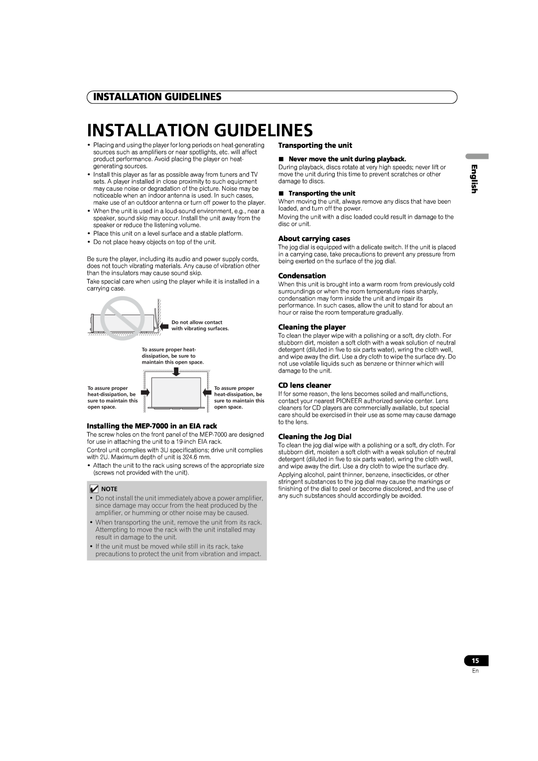 Pioneer MEP-7000 Installation Guidelines, English, Never move the unit during playback, Transporting the unit 