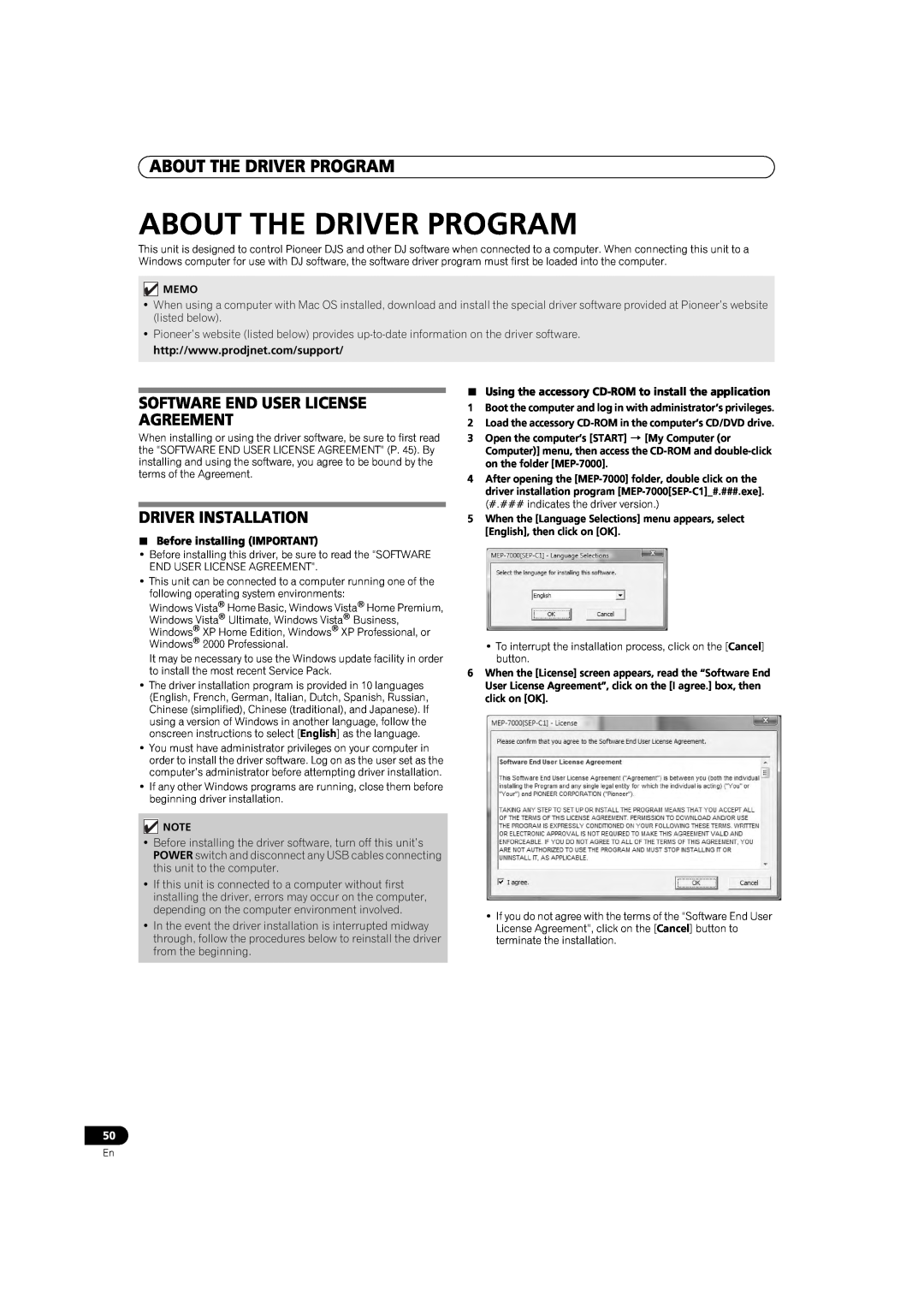 Pioneer MEP-7000 operating instructions About The Driver Program, Driver Installation, Software End User License Agreement 