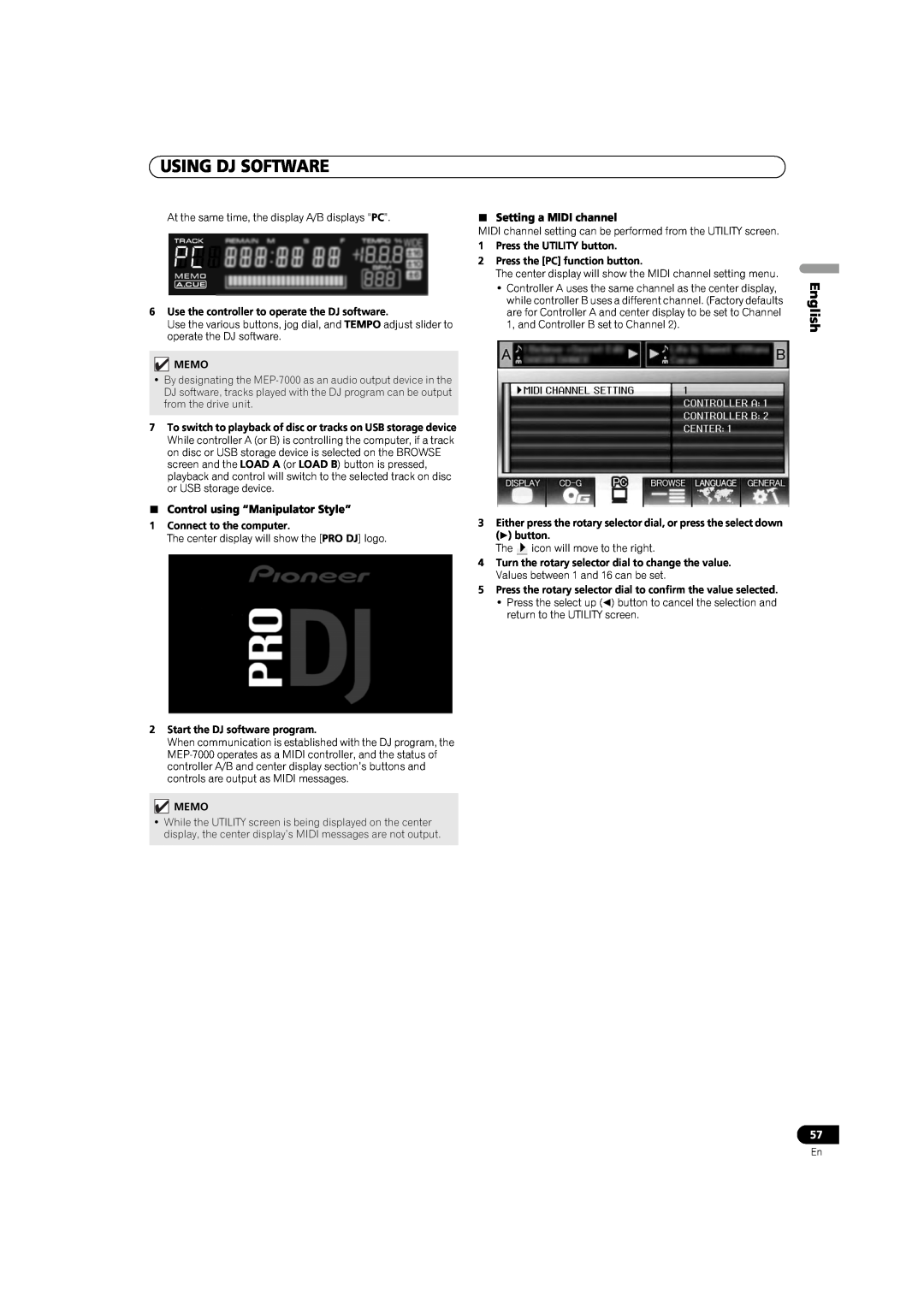Pioneer MEP-7000 Using Dj Software, English, Control using “Manipulator Style”, Setting a MIDI channel 