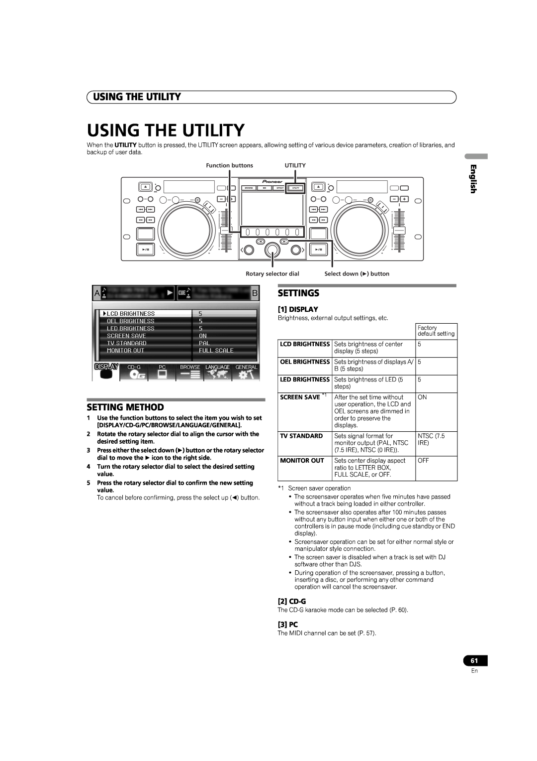 Pioneer MEP-7000 Using The Utility, Setting Method, Settings, English, Function buttons, Rotary selector dial 