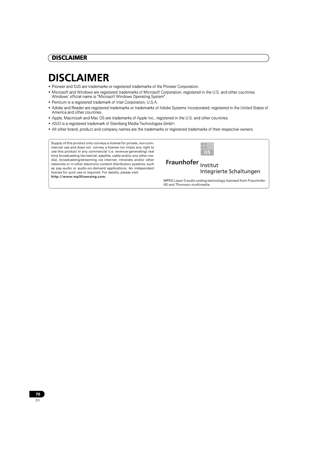 Pioneer MEP-7000 operating instructions Disclaimer 