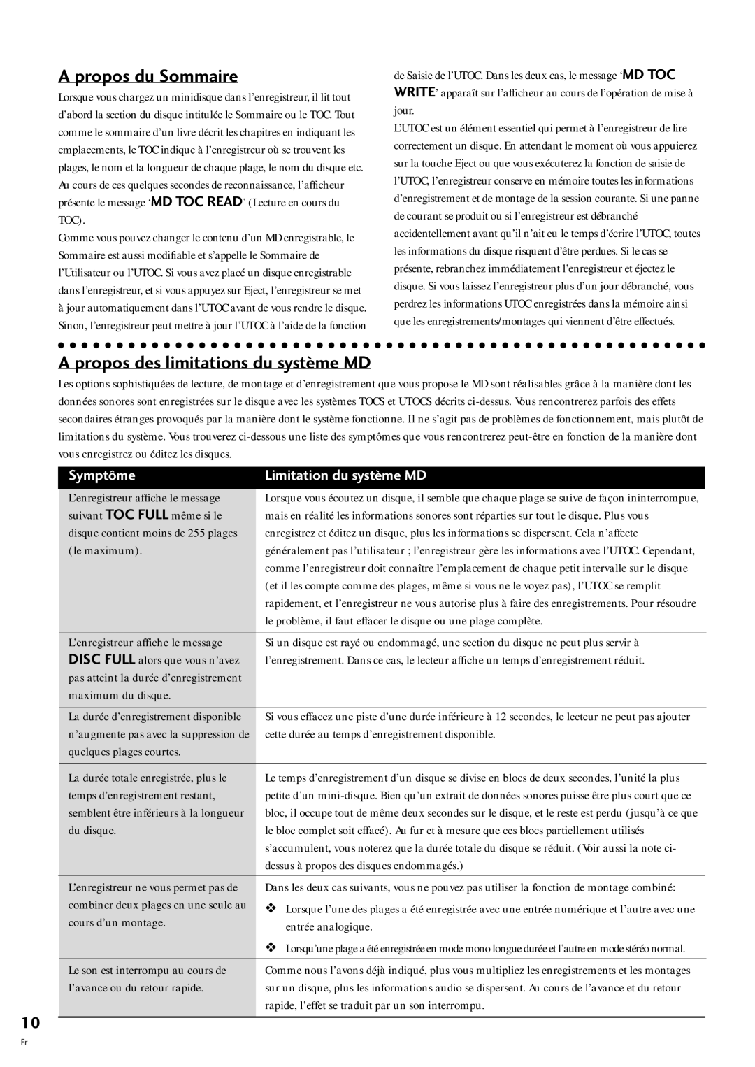 Pioneer MJ-L77 Propos du Sommaire, Propos des limitations du systme MD, Symptme Limitation du systme MD 