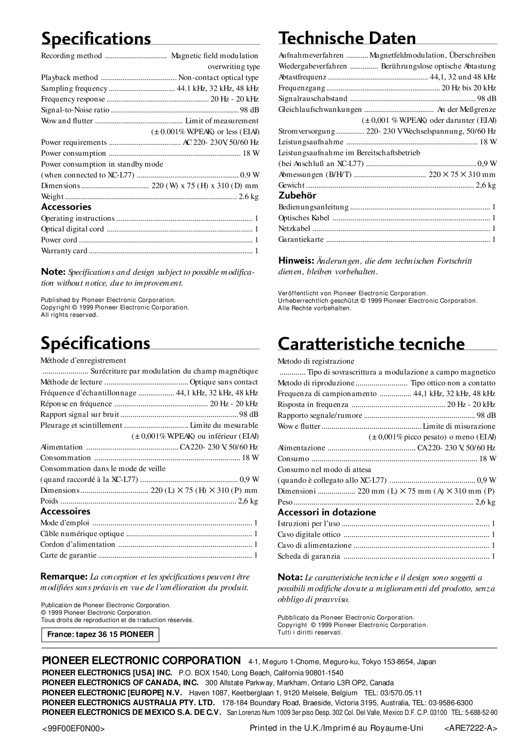 Pioneer MJ-L77 operating instructions Technische Daten, Caratteristiche tecniche, SpŽcifications 