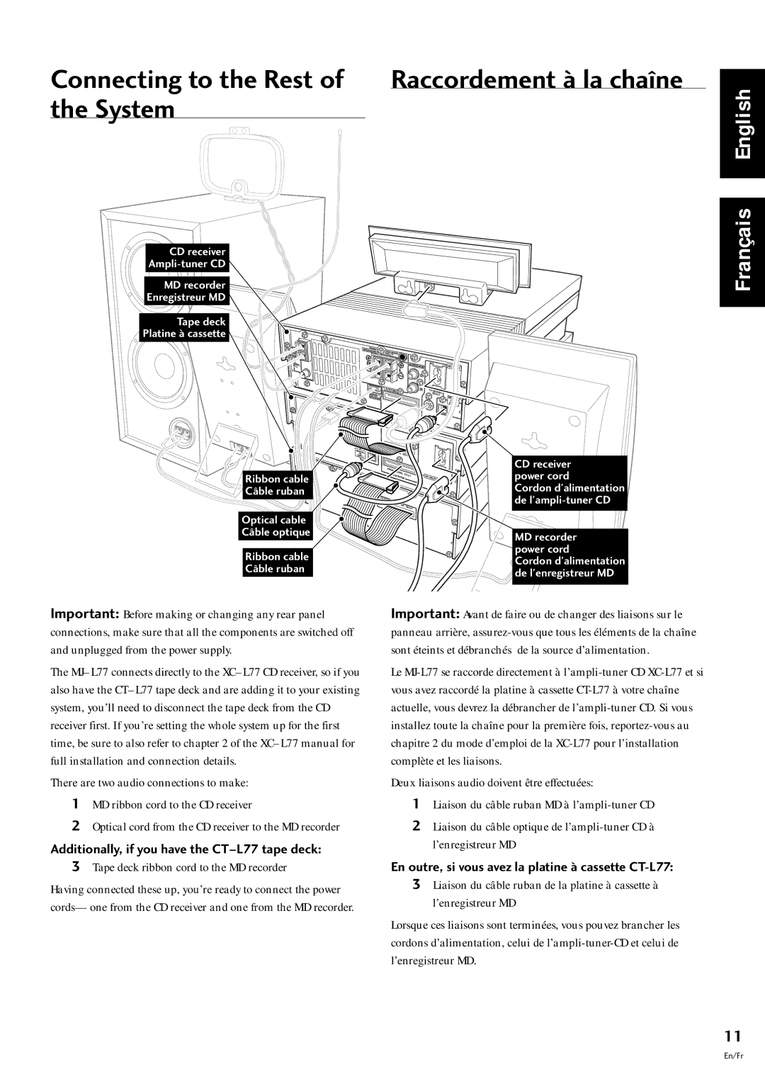 Pioneer MJ-L77 System, Connecting to the Rest Raccordement ˆ la chane, Tape deck ribbon cord to the MD recorder 