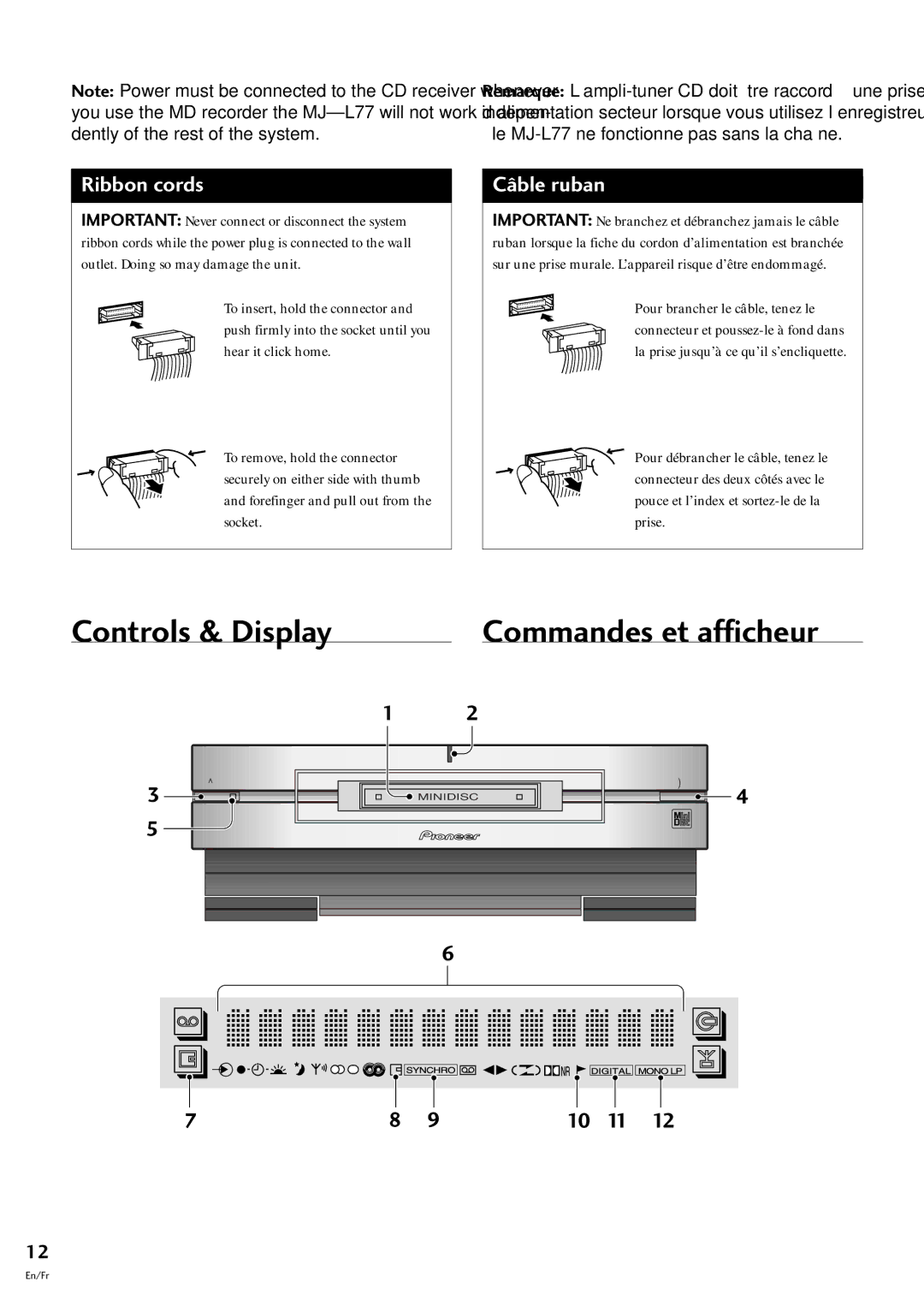 Pioneer MJ-L77 operating instructions Controls & Display Commandes et afficheur, Ribbon cords 