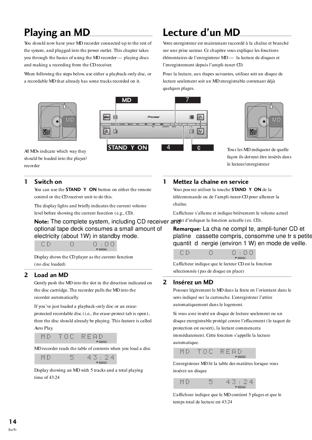 Pioneer MJ-L77 operating instructions Playing an MD, Lecture dÕun MD 