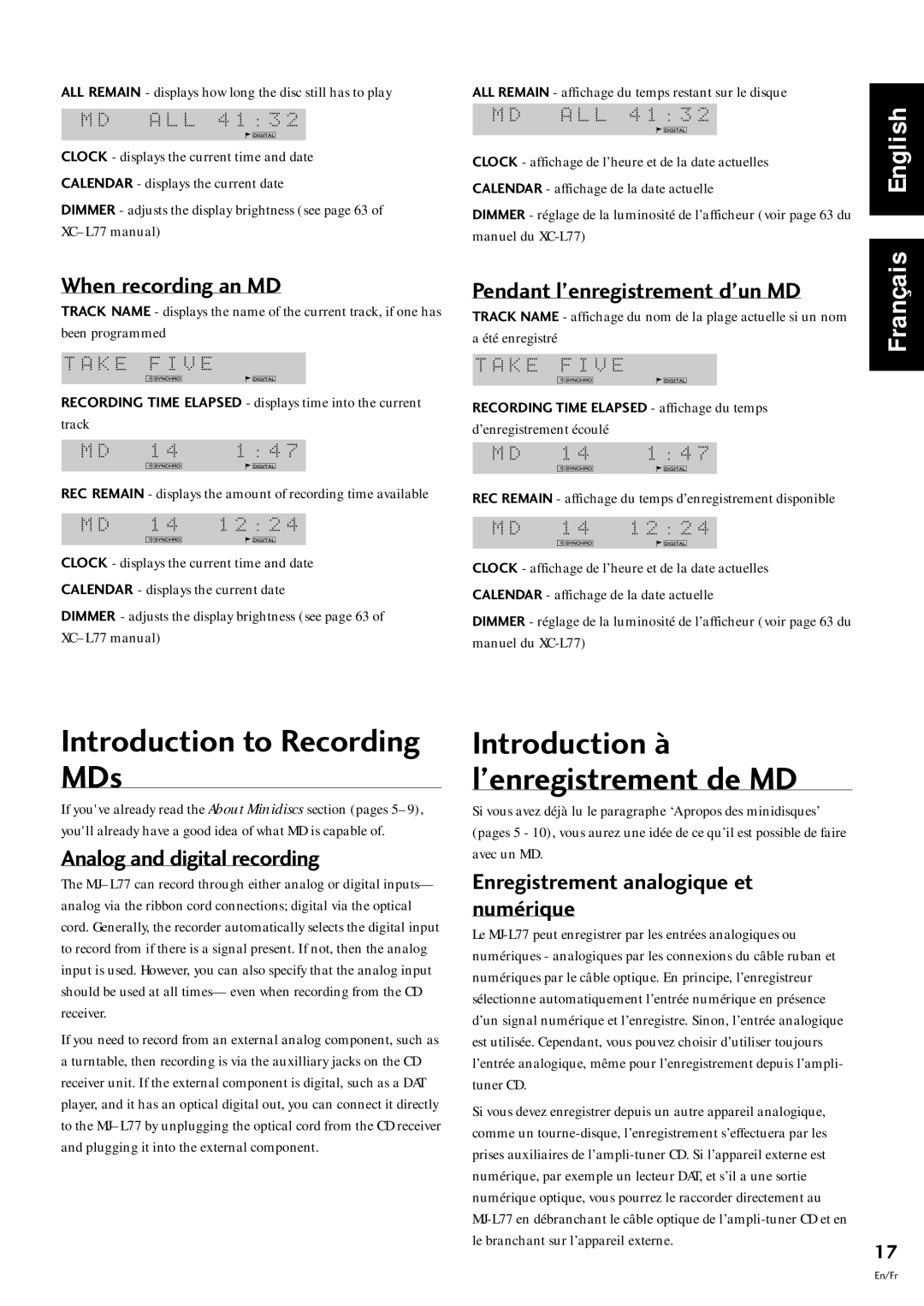 Pioneer MJ-L77 Introduction to Recording MDs, Introduction ˆ lÕenregistrement de MD, When recording an MD 