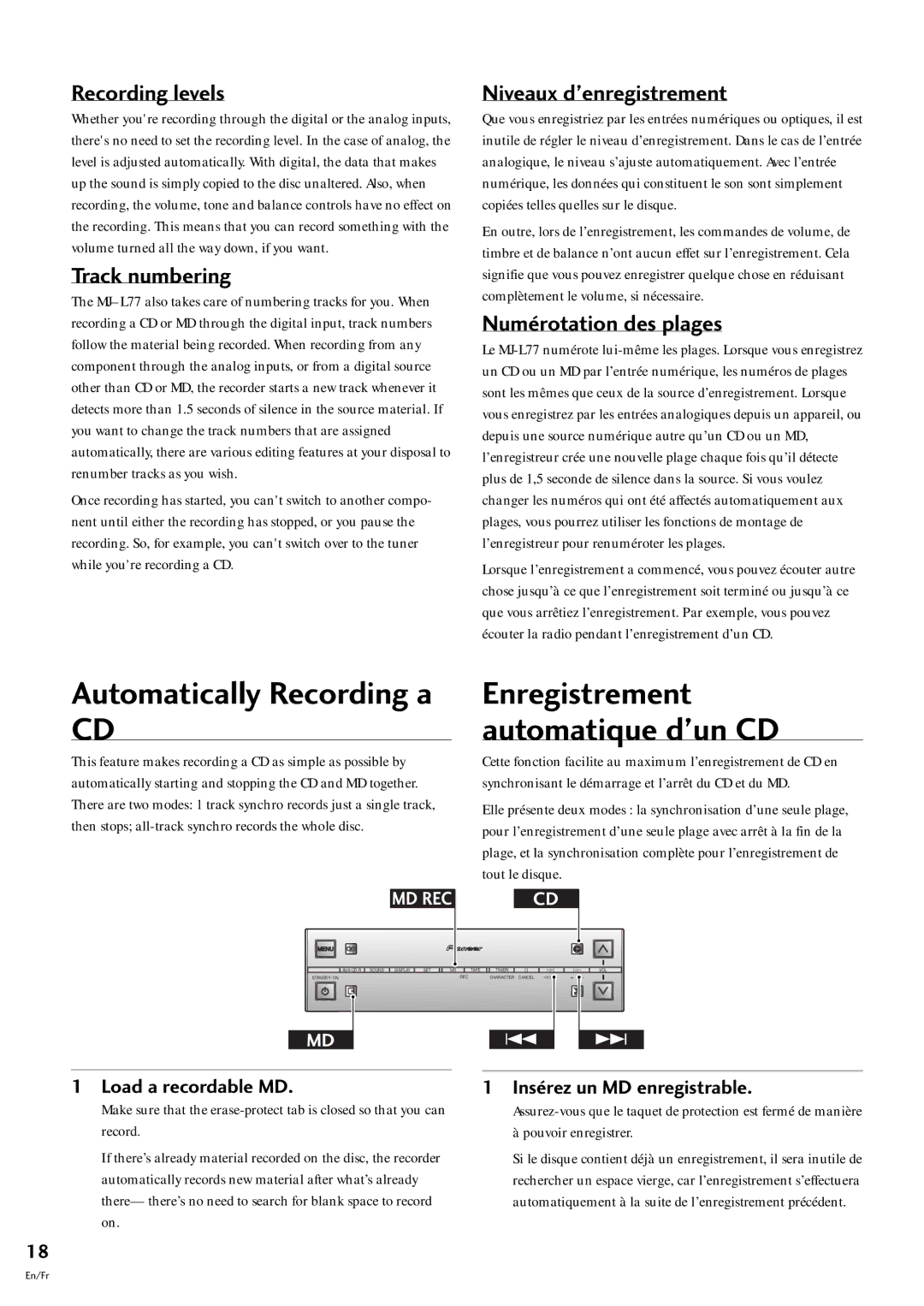 Pioneer MJ-L77 operating instructions Automatically Recording a, Enregistrement automatique dÕun CD 