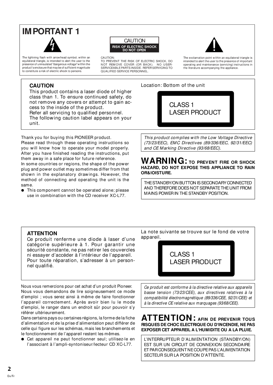 Pioneer MJ-L77 operating instructions Class Laser Product 