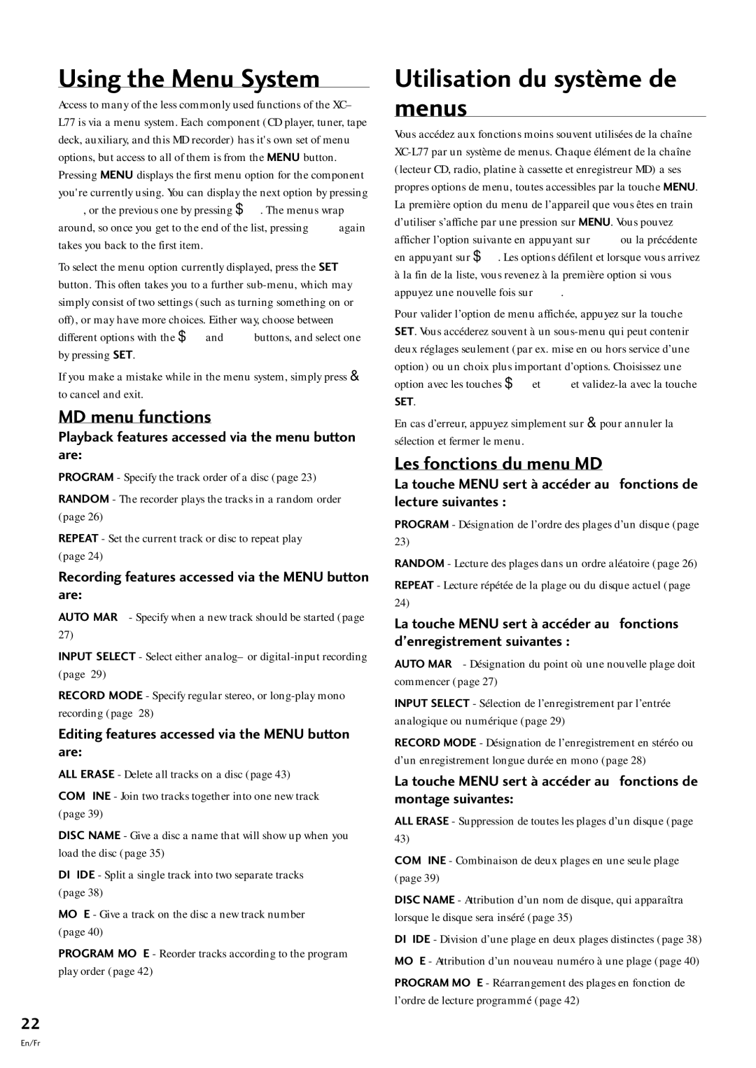 Pioneer MJ-L77 Using the Menu System, Utilisation du systme de menus, MD menu functions, Les fonctions du menu MD 