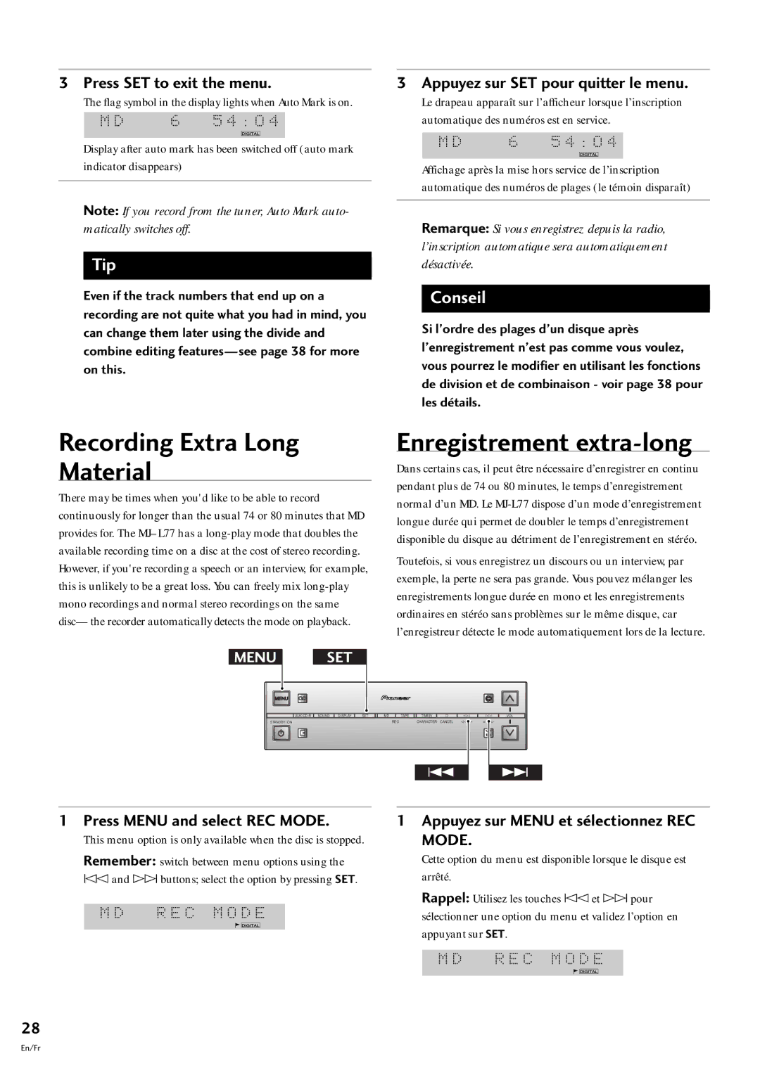 Pioneer MJ-L77 operating instructions Recording Extra Long Material, Enregistrement extra-long 