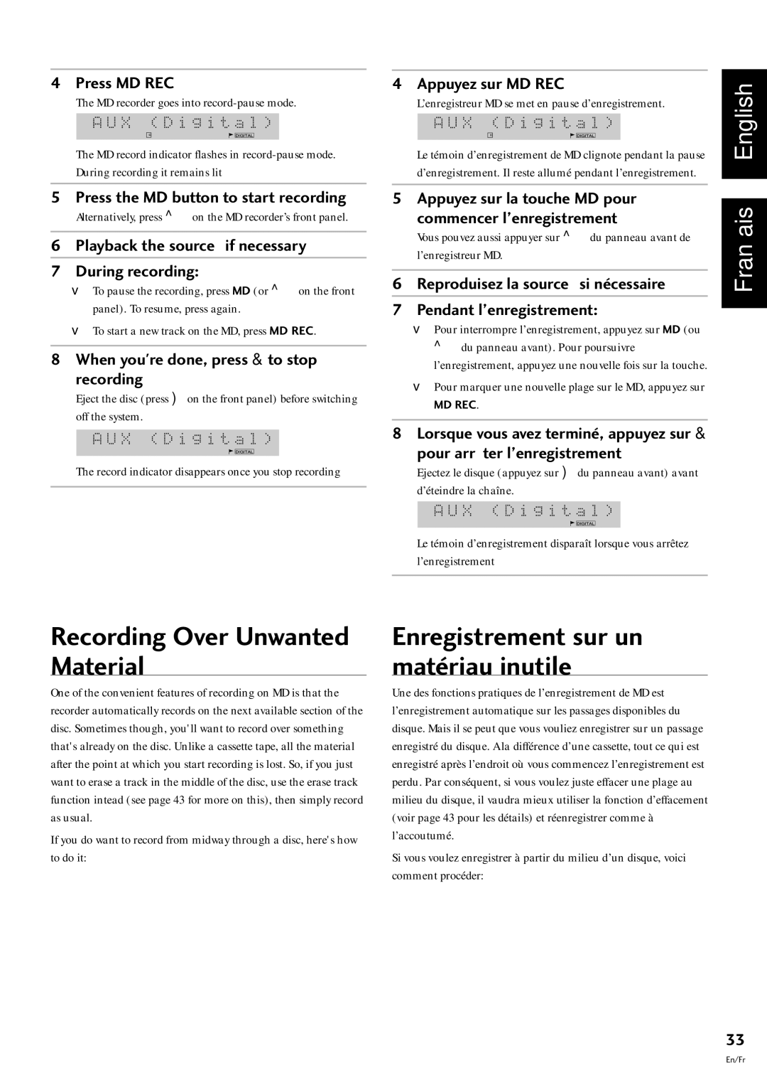 Pioneer MJ-L77 operating instructions Recording Over Unwanted Material, Enregistrement sur un matŽriau inutile 