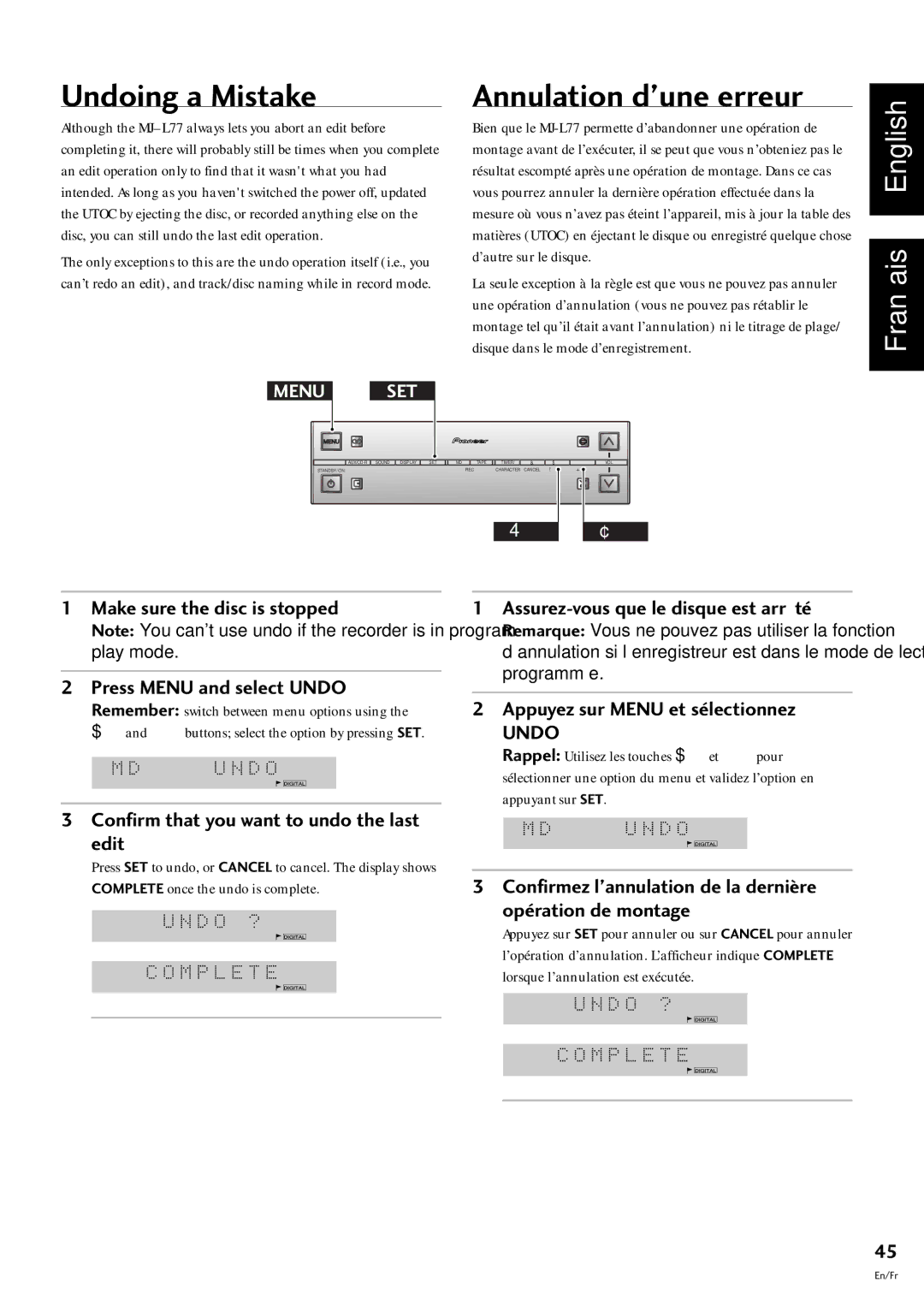 Pioneer MJ-L77 Undoing a Mistake, Annulation dÕune erreur, Make sure the disc is stopped Press Menu and select Undo 