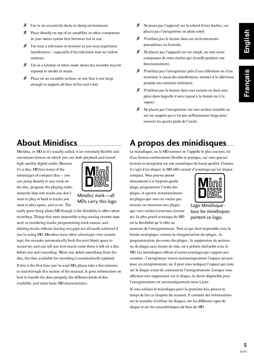 Pioneer MJ-L77 About Minidiscs, Propos des minidisques, Use in an excessively dusty or damp environment 