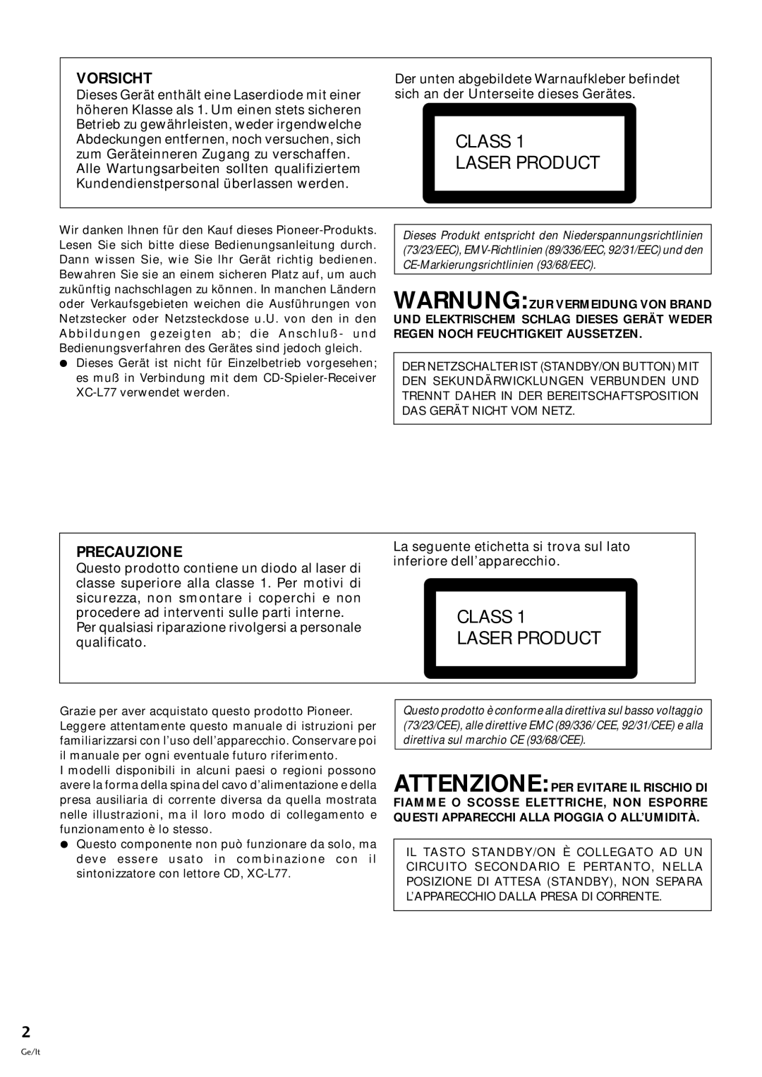 Pioneer MJ-L77 operating instructions Vorsicht 