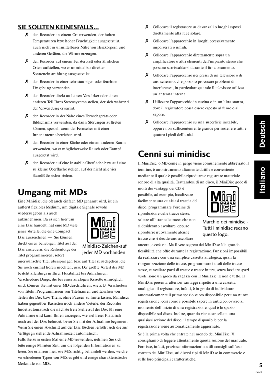 Pioneer MJ-L77 operating instructions Umgang mit MDs, Cenni sui minidisc 