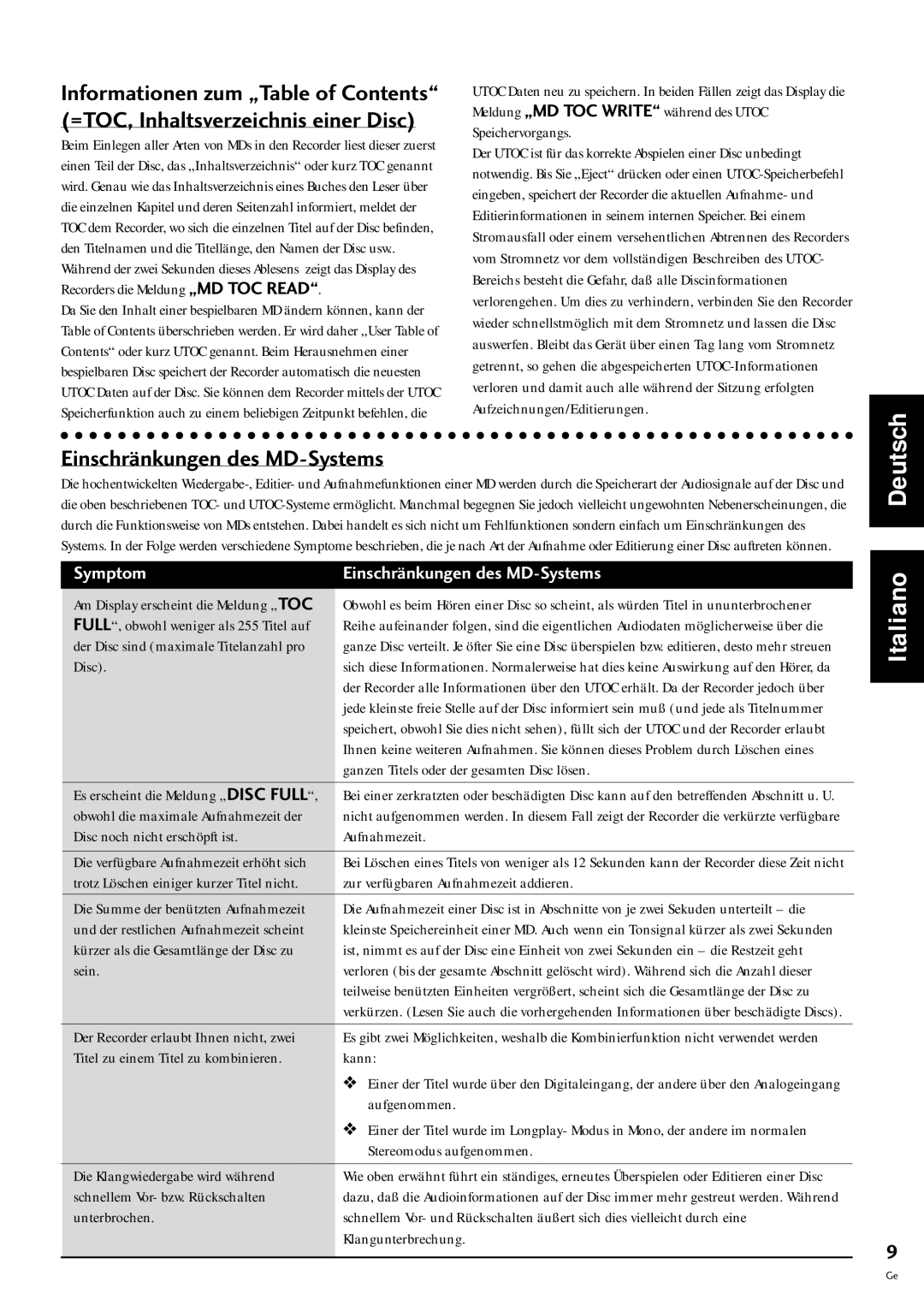 Pioneer MJ-L77 operating instructions Symptom EinschrŠnkungen des MD-Systems 