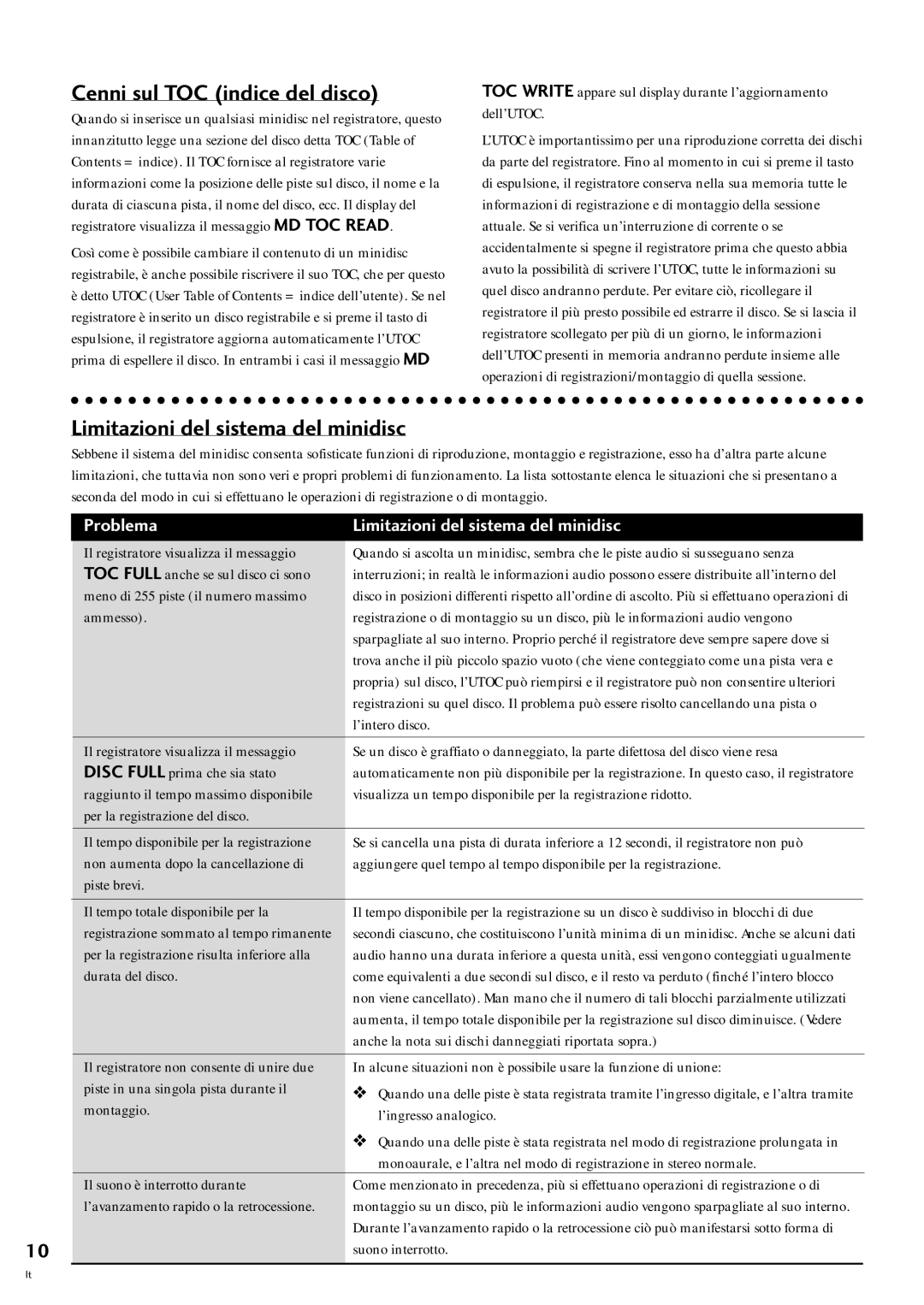 Pioneer MJ-L77 operating instructions Cenni sul TOC indice del disco, Limitazioni del sistema del minidisc 