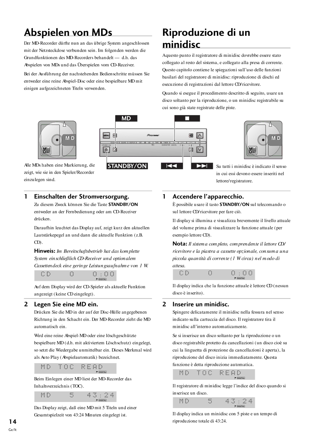 Pioneer MJ-L77 operating instructions Abspielen von MDs, Riproduzione di un minidisc 