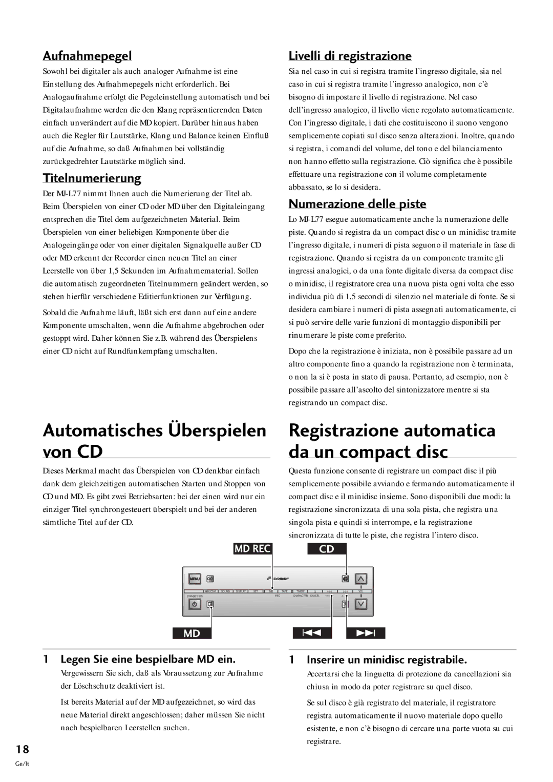 Pioneer MJ-L77 operating instructions Automatisches †berspielen von CD, Registrazione automatica da un compact disc 