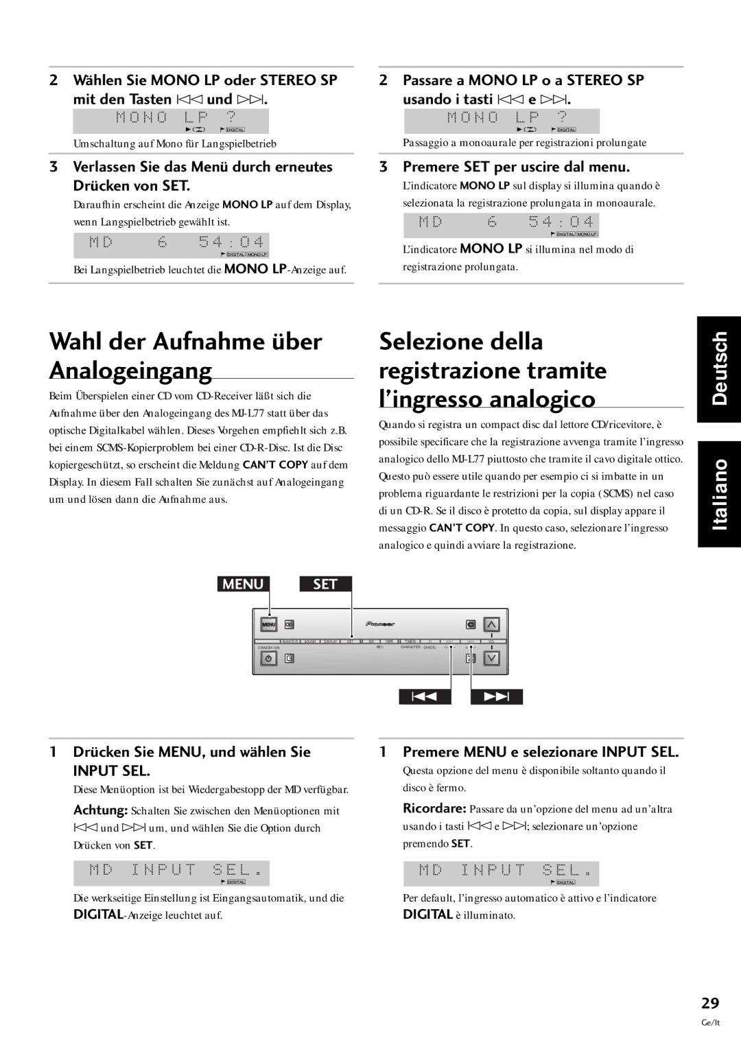 Pioneer MJ-L77 Wahl der Aufnahme Ÿber Analogeingang, Selezione della registrazione tramite lÕingresso analogico 