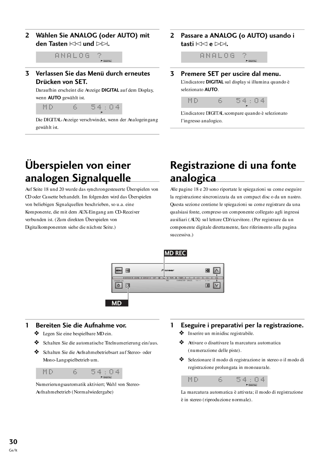 Pioneer MJ-L77 operating instructions Registrazione di una fonte analogica, †berspielen von einer analogen Signalquelle 