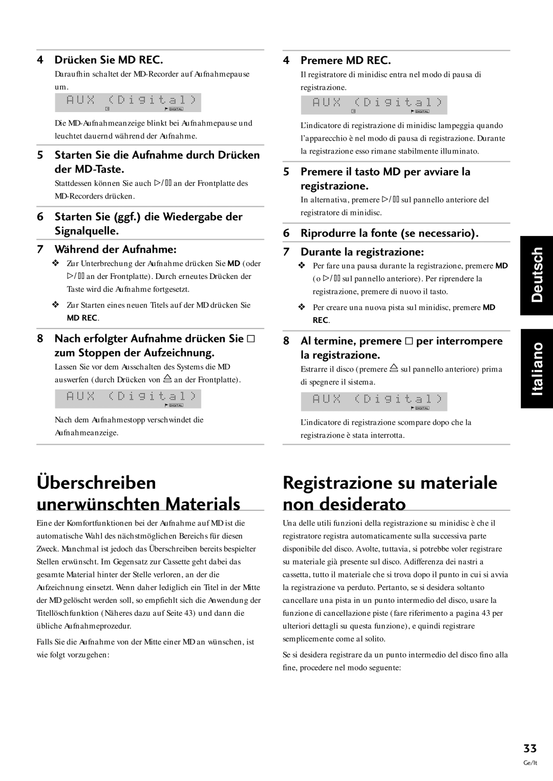 Pioneer MJ-L77 operating instructions †berschreiben unerwŸnschten Materials, Registrazione su materiale non desiderato 