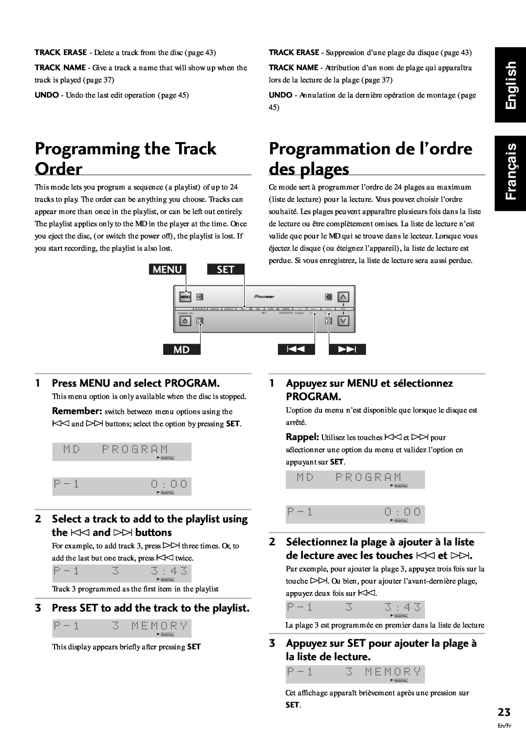 Pioneer MJ-L77 Programming the Track Order, Programmation de lÕordre des plages, Français, 1Press MENU and select PROGRAM 