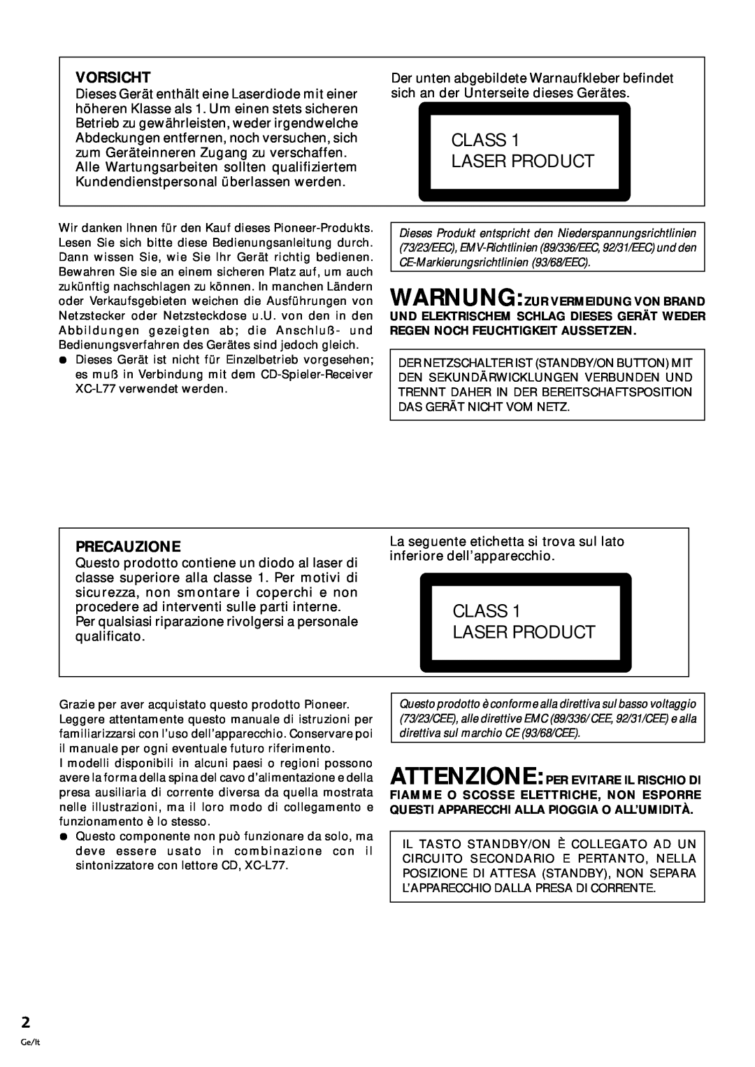 Pioneer MJ-L77 operating instructions Class Laser Product, Vorsicht, Precauzione, Ge/It 