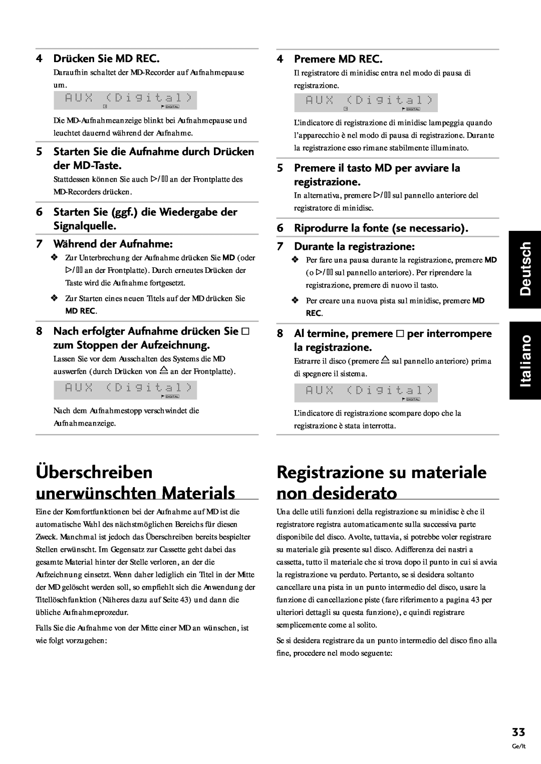 Pioneer MJ-L77 †berschreiben unerwŸnschten Materials, Registrazione su materiale non desiderato, Italiano Deutsch 