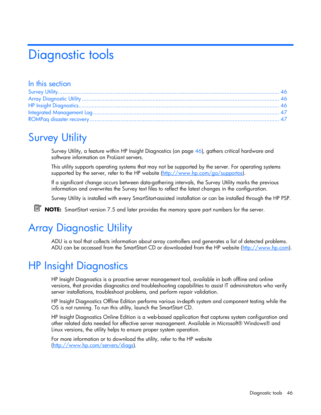 Pioneer ML310 manual Diagnostic tools, Survey Utility, Array Diagnostic Utility HP Insight Diagnostics 